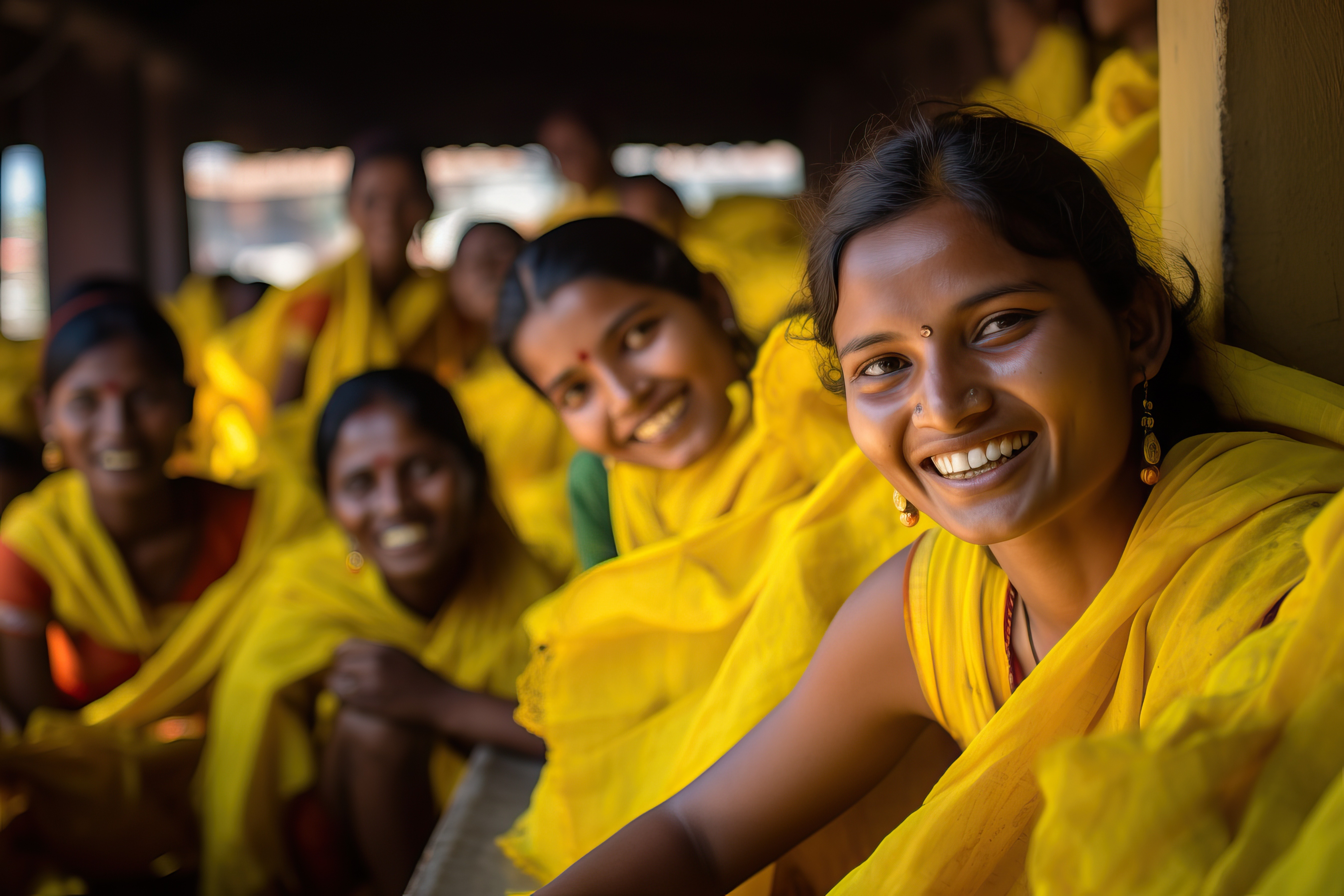 a group of women wearing saris and smiling